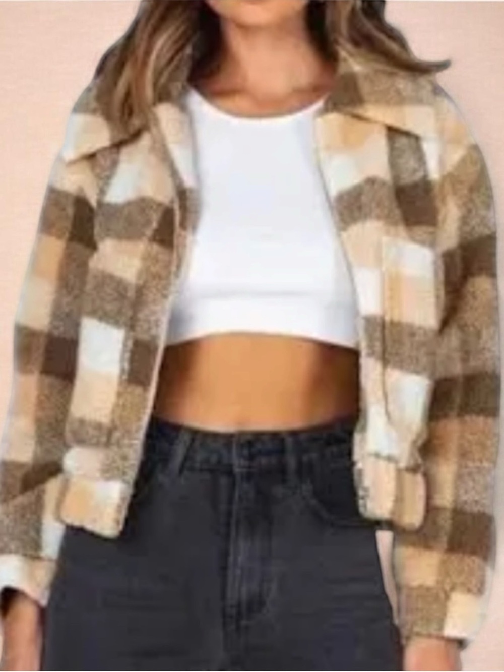 Princess Polly Plaid Teddy Jacket in Beige and Cream